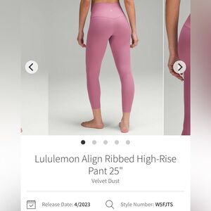 Lululemon HR Align ribbed 25 Leggings color velvet dust size 0